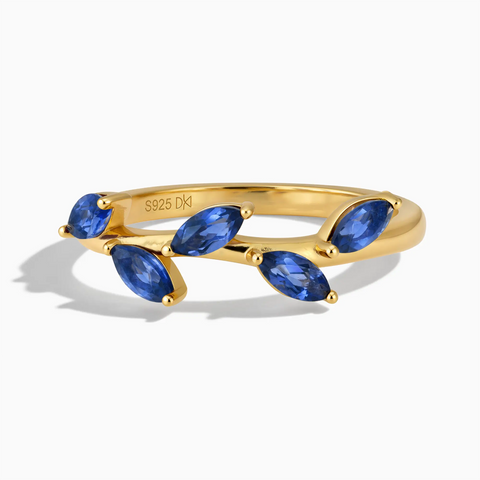 18KT Yellow Gold Vermeil Marquise Blue Sapphire Leaf Ring - Secret Garden Front View