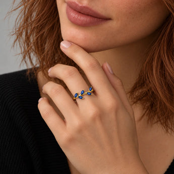 18KT Yellow Gold Vermeil Marquise Blue Sapphire Leaf Ring Secret Garden Model Shot