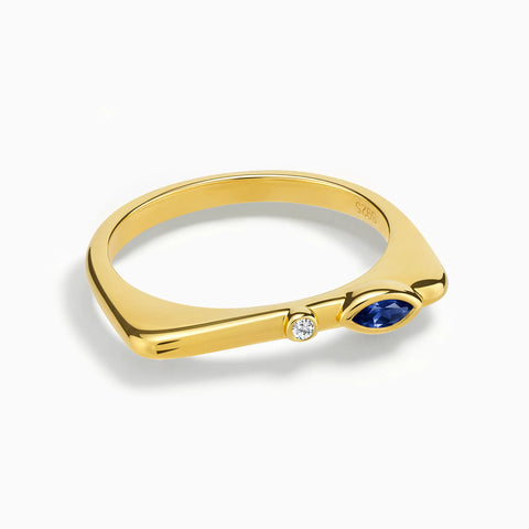 18KT Yellow Gold Vermeil Marquise Blue Sapphire Puzzle Stacking Ring - Minimal Glow Front View