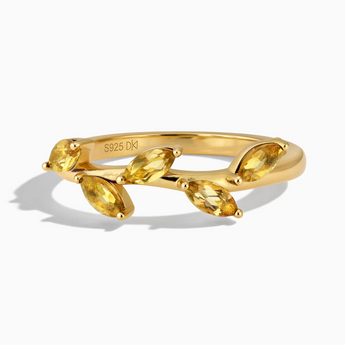 18KT Yellow Gold Vermeil Marquise Citrine Leaf Ring - Secret Garden Front View