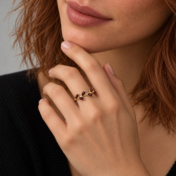 18KT Yellow Gold Vermeil Marquise Garnet Leaf Ring Secret Garden Model Shot