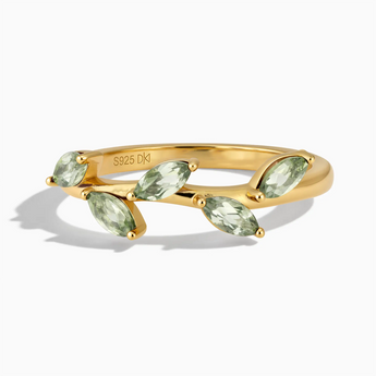 18KT Yellow Gold Vermeil Marquise Green Amethyst Leaf Ring - Secret Garden Front View