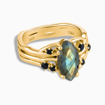 18KT Yellow Gold Vermeil Marquise Labradorite Black Onyx Branch-Like Ring - Regal Gleam Front View