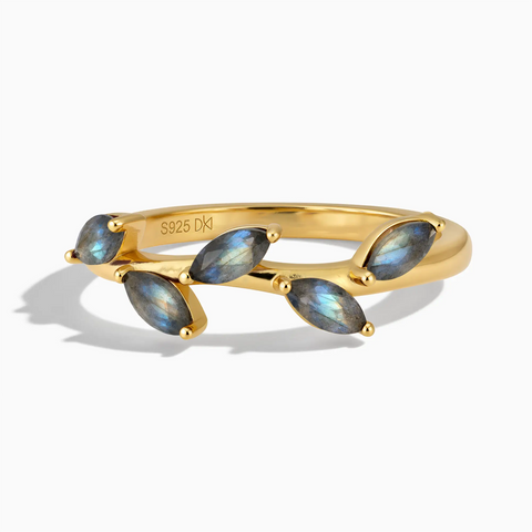 18KT Yellow Gold Vermeil Marquise Labradorite Leaf Ring - Secret Garden Front View