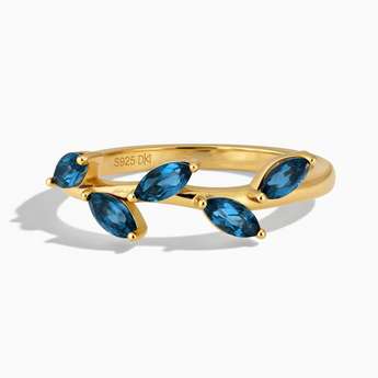 18KT Yellow Gold Vermeil Marquise London Blue Topaz Leaf Ring - Secret Garden Front View