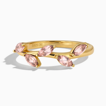 18KT Yellow Gold Vermeil Marquise Morganite Leaf Ring - Secret Garden Front View