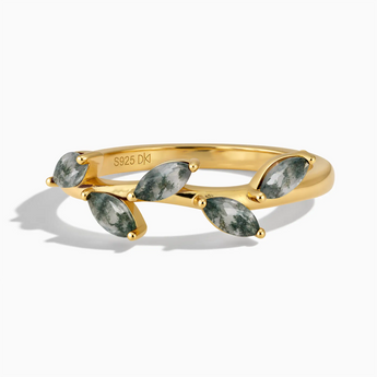 18KT Yellow Gold Vermeil Marquise Moss Agate Leaf Ring - Secret Garden Front View