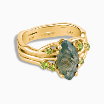 18KT Yellow Gold Vermeil Marquise Moss Agate Peridot Branch-Like Ring - Regal Gleam Front View