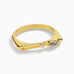 18KT Yellow Gold Vermeil Marquise Moss Agate Puzzle Stacking Ring - Minimal Glow Front View