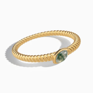 18KT Yellow Gold Vermeil Marquise Moss Agate Twisted Ring - Spiral Spectrum Front View