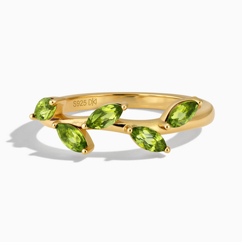 18KT Yellow Gold Vermeil Marquise Peridot Leaf Ring - Secret Garden Front View