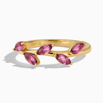 18KT Yellow Gold Vermeil Marquise Pink Tourmaline Leaf Ring - Secret Garden Front View
