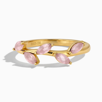 18KT Yellow Gold Vermeil Marquise Rose Quartz Leaf Ring - Secret Garden Front View