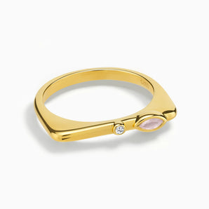 18KT Yellow Gold Vermeil Marquise Rose Quartz Puzzle Stacking Ring - Minimal Glow Front View