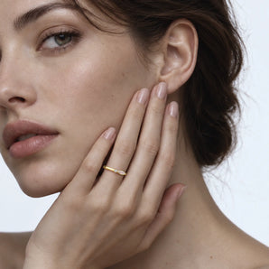 18KT Yellow Gold Vermeil Marquise Rose Quartz Puzzle Stacking Ring - Minimal Glow Worn View