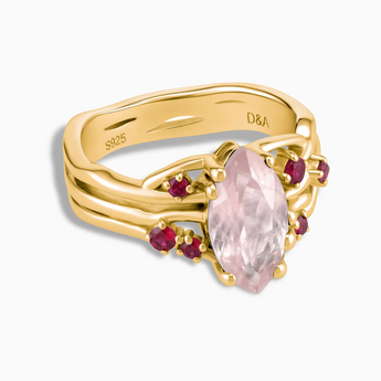 18KT Yellow Gold Vermeil Marquise Rose Quartz Ruby Branch-Like Ring - Regal Gleam Front View