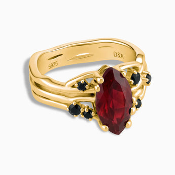 18KT Yellow Gold Vermeil Marquise Ruby Black Onyx Branch-Like Ring - Regal Gleam Front View
