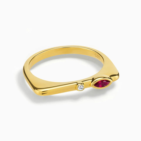 18KT Yellow Gold Vermeil Marquise Ruby Puzzle Stacking Ring - Minimal Glow Front View