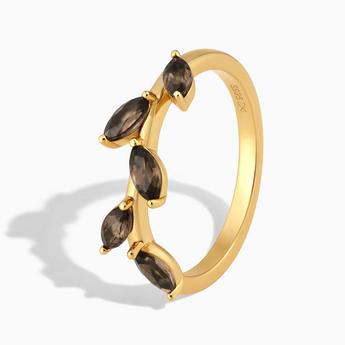 18KT Yellow Gold Vermeil Marquise Smoky Quartz Leaf Ring - Secret Garden Side View
