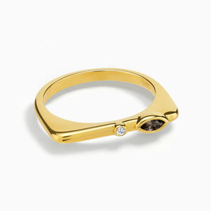 18KT Yellow Gold Vermeil Marquise Smoky Quartz Puzzle Stacking Ring - Minimal Glow Front View