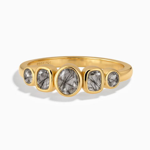 18KT Yellow Gold Vermeil Mixed-Cut Black Rutilated Quartz Graduated Ring - Pebble Glow Front View