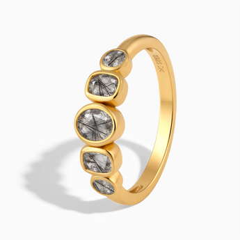 18KT Yellow Gold Vermeil Mixed-Cut Black Rutilated Quartz Graduated Ring - Pebble Glow Side View