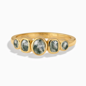 18KT Yellow Gold Vermeil Mixed-Cut Moss Agate Graduated Ring - Pebble Glow Front View