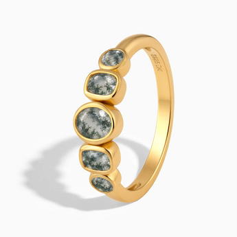 18KT Yellow Gold Vermeil Mixed-Cut Moss Agate Graduated Ring - Pebble Glow Side View