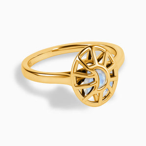 18KT Yellow Gold Vermeil Moonstone Crescent Moon Hollow Oval Shaker Ring - Soul Cage Angled Front View