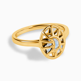 18KT Yellow Gold Vermeil Moonstone Crescent Moon Hollow Oval Shaker Ring - Soul Cage Angled Front View