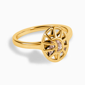 18KT Yellow Gold Vermeil Morganite Crescent Moon Hollow Oval Shaker Ring - Soul Cage Angled Front View