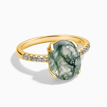 18KT Yellow Gold Vermeil Moss Agate Cabochon Ring - Minimal Spiritual Front View