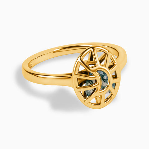 18KT Yellow Gold Vermeil Moss Agate Crescent Moon Hollow Oval Shaker Ring - Soul Cage Angled Front View