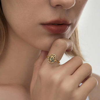 18KT Yellow Gold Vermeil Moss Agate Crescent Moon Hollow Oval Shaker Ring - Soul Cage Worn View