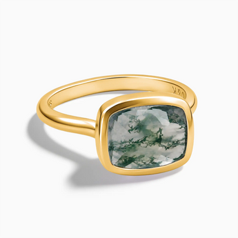 18KT Yellow Gold Vermeil Moss Agate Cushion Ring - Pure Hush Front View