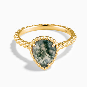 18KT Yellow Gold Vermeil Moss Agate Pear Ring - Still Light Front View