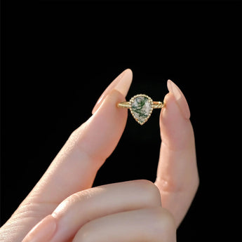 18KT Yellow Gold Vermeil Moss Agate Pear Ring - Still Light Hand-Held Shot