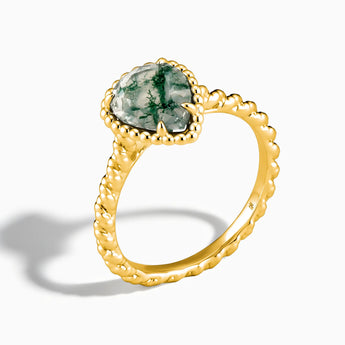 18KT Yellow Gold Vermeil Moss Agate Pear Ring - Still Light Side View