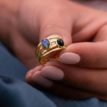 18KT Yellow Gold Vermeil Oval Alexandrite & Black Onyx Ring - Echo of Balance Hand-Held View