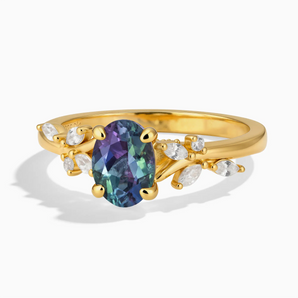 18KT Yellow Gold Vermeil Oval Alexandrite Branch-Like Ring - Sylvan Charm Front View
