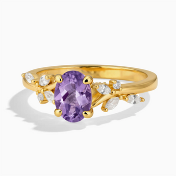 18KT Yellow Gold Vermeil Oval Amethyst Branch-Like Ring - Sylvan Charm Front View