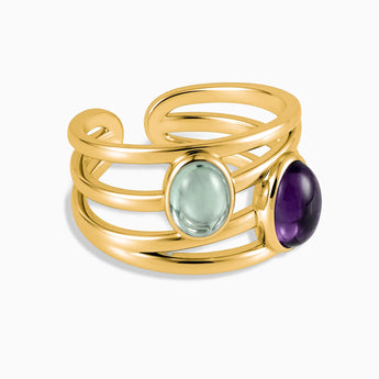18KT Yellow Gold Vermeil Oval Amethyst & Green Amethyst Ring - Echo of Balance Front View