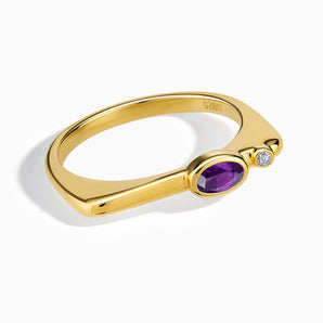 18KT Yellow Gold Vermeil Oval Amethyst Puzzle Stacking Ring - Minimal Form Front View