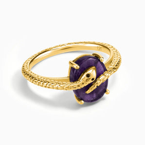 18KT Yellow Gold Vermeil Oval Amethyst Wrap Serpent Ring - Coiled Sanctum Front View