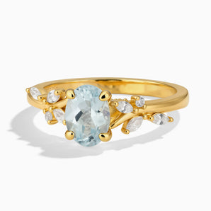 18KT Yellow Gold Vermeil Oval Aquamarine Branch-Like Ring - Sylvan Charm Front View