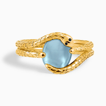 18KT Yellow Gold Vermeil Oval Aquamarine Coil Ring - Serpent's Embrace Front View