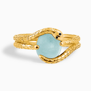 18KT Yellow Gold Vermeil Oval Aquamarine Coil Ring - Serpent's Embrace Front View