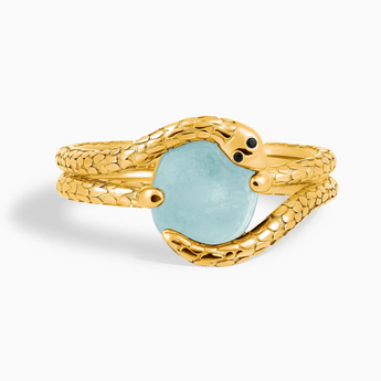 18KT Yellow Gold Vermeil Oval Aquamarine Coil Ring - Serpent's Embrace Front View