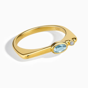 18KT Yellow Gold Vermeil Oval Aquamarine Puzzle Stacking Ring - Minimal Form Front View