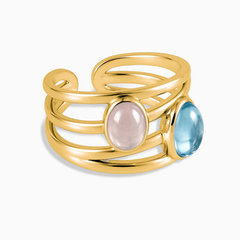 18KT Yellow Gold Vermeil Oval Aquamarine & Rose Quartz Ring - Echo of Balance Front View